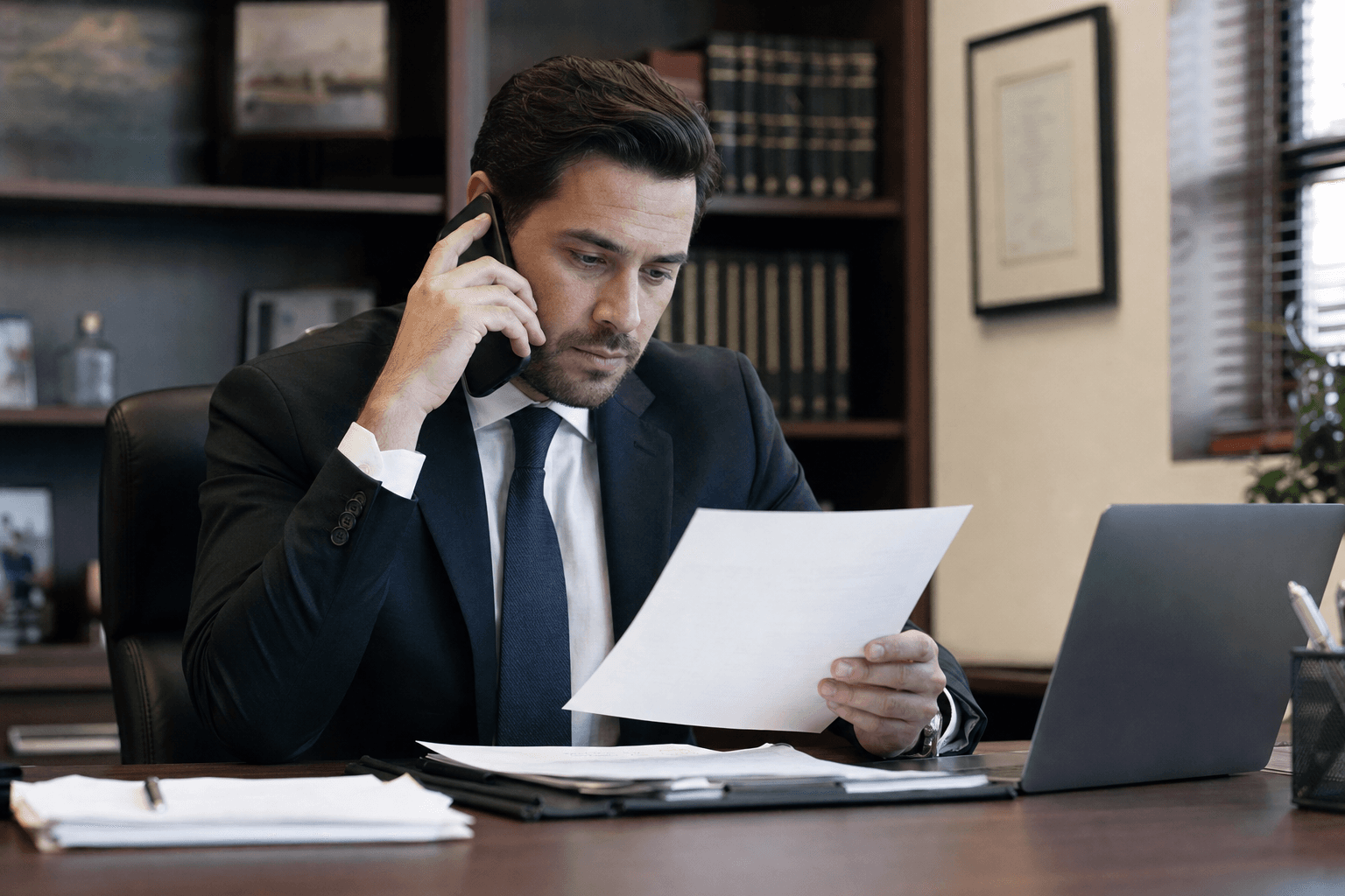 Attorney meeting with a client in a professional office setting