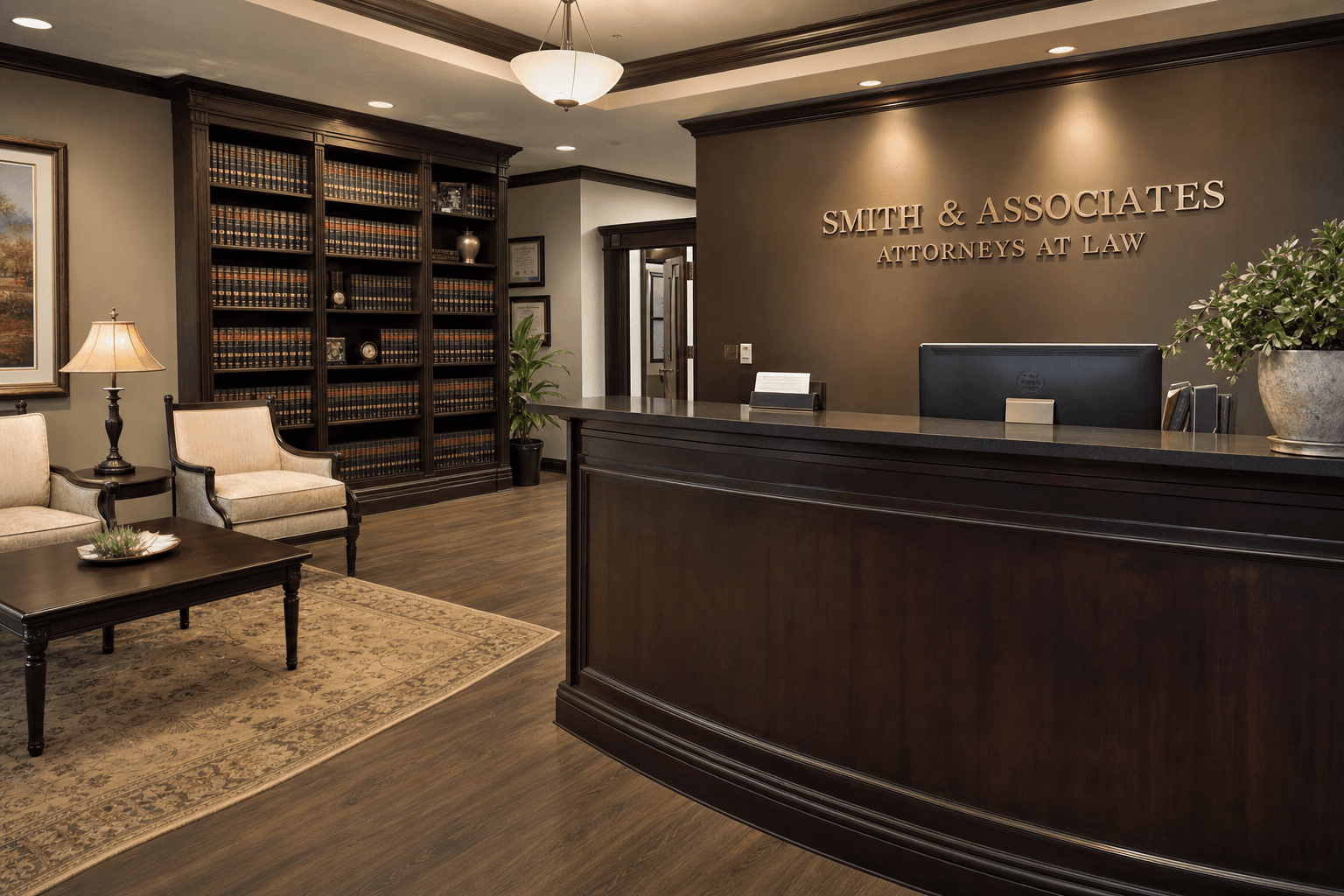 Attorney meeting with a client at a desk in a law office