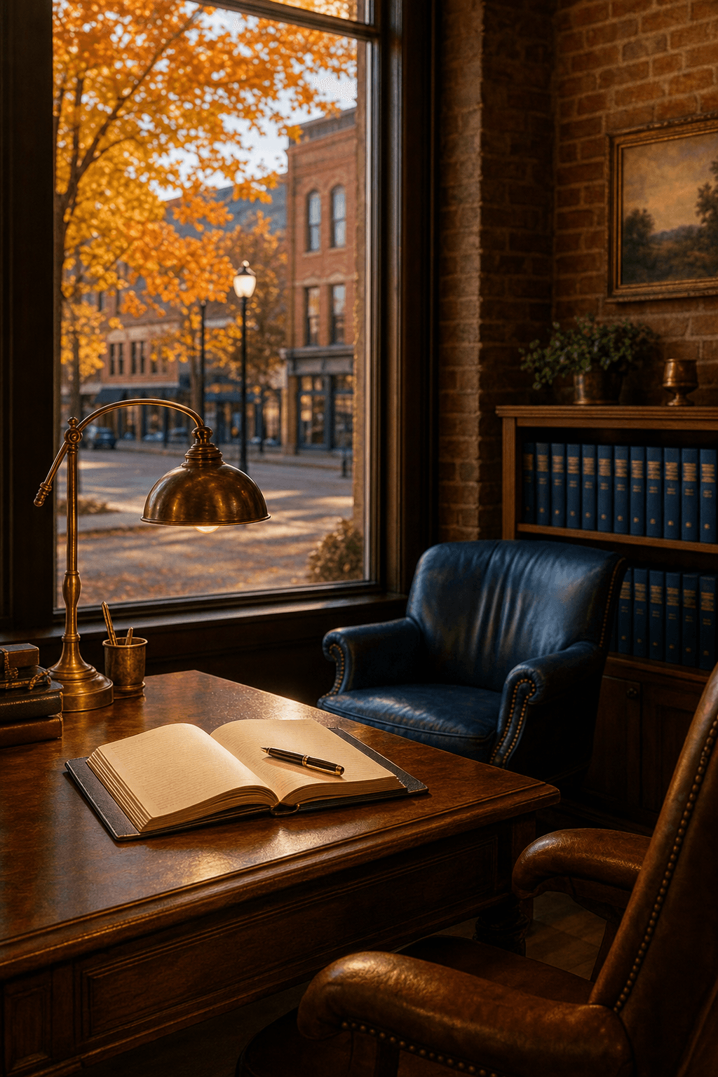 Interior acogedor de un despacho jurídico al atardecer, con una lámpara de escritorio de latón, sillón de cuero azul y vista a los árboles otoñales a través de la ventana